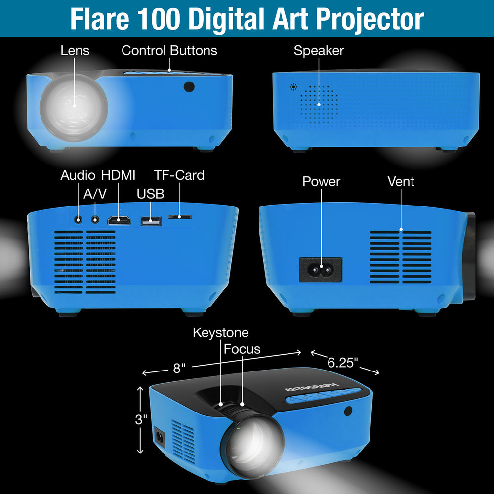 Flare 100 Artist HD Digital Projector with Monopod Arm Clamp Stand - HDMI, Art Grids, and Wi-Fi