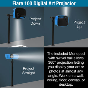 Flare 100 Artist HD Digital Projector with Monopod Arm Clamp Stand - HDMI, Art Grids, and Wi-Fi